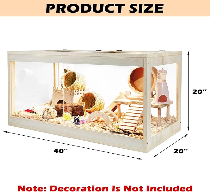 Hamster Cage Wooden, Mice and Rat Habitat, Hamster Cage with Openable Mesh Top, Clear Acrylic Solid Built with Lock Design, Oak 40"