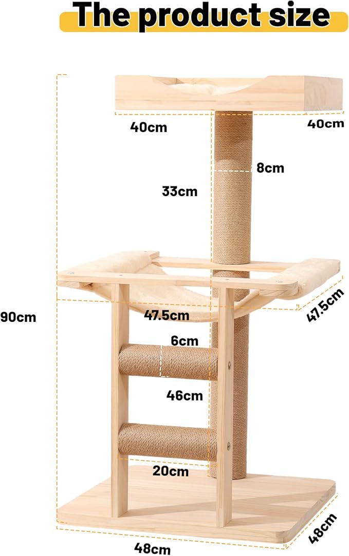 KVIDA Extra-Sturdy Wooden Cat Tree for Large Cats – Modern 3-Level Tower with Hammock, Anti-Tip Sisal Posts & Oversized Perch, Ideal for Indoor Big Cats & Multi-Cat Homes
