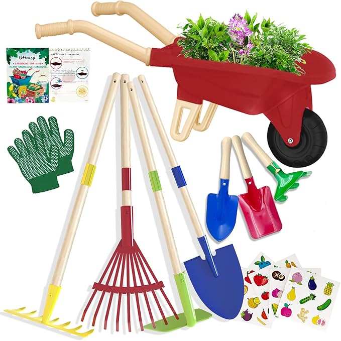 Kids Gardening Tools Outdoor Toys Set Backyard Play with Wheelbarrow Educational STEM Learning Pretend Toys Outdoor Indoor for Toddlers Kids Boys Girls (Red Wheelbarrow Set)