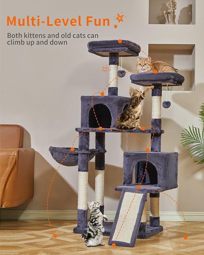Taoqimiao 56.3-Inch Cat Tree, Cat Tower with Scratching Posts, Cat Tree House for Indoor Cats with hammocks, Toys, Condo and Large Scratch Board, Smoky Gray MS012G