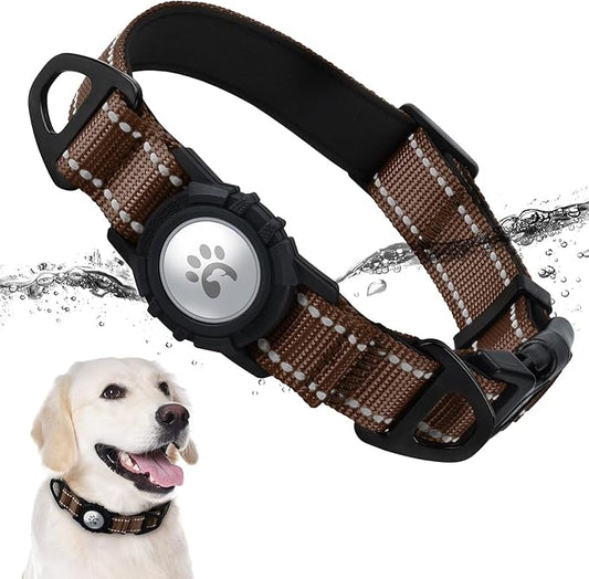 TagME Airtag Dog Collar,Waterproof Reflective Pet Collar with Airtag Holder,Soft Padded and Double D-Rings for Large Dogs,Brown