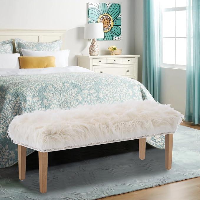 46 Inch White Bedroom Bench, Modern Multi-Purpose Bench with Wooden Legs, Faux Fur Upholstered, 3-Seater, 220 lbs Weight Capacity