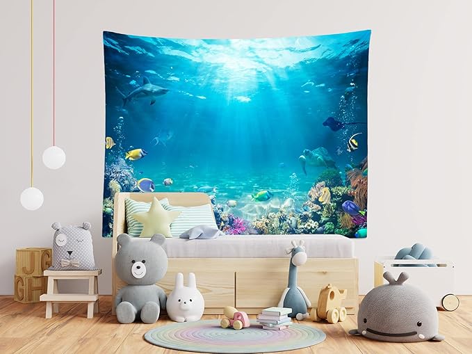 Loccor Underwater World Tapestry Blue Ocean Wall Hanging Under the Sea Coral Reef Wall Tapestry 179x118 Inches Tropical Fish Tank Undersea Tapestries Marine Wall Art for Bedroom Living Room Dorm Decor