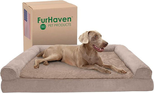 Furhaven Cooling Gel Dog Bed for Large Dogs w/ Removable Bolsters & Washable Cover, For Dogs Up to 125 lbs - Plush & Suede Sofa - Almondine, Jumbo Plus/XXL