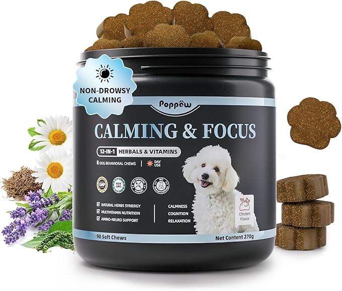 Calming Chews for Dogs – Calming Treats for Anxiety, Stress, Separation, Travel&Thunder, Relaxation & Focus Support with L-Theanine, Valerian Root, Chamomile & Ashwagandha, Chicken Flavor, 90Ct