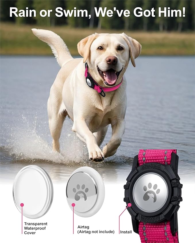 TagME Airtag Dog Collar,Waterproof Reflective Pet Collar with Airtag Holder,Soft Padded and Double D-Rings for Large Dogs,Hot Pink