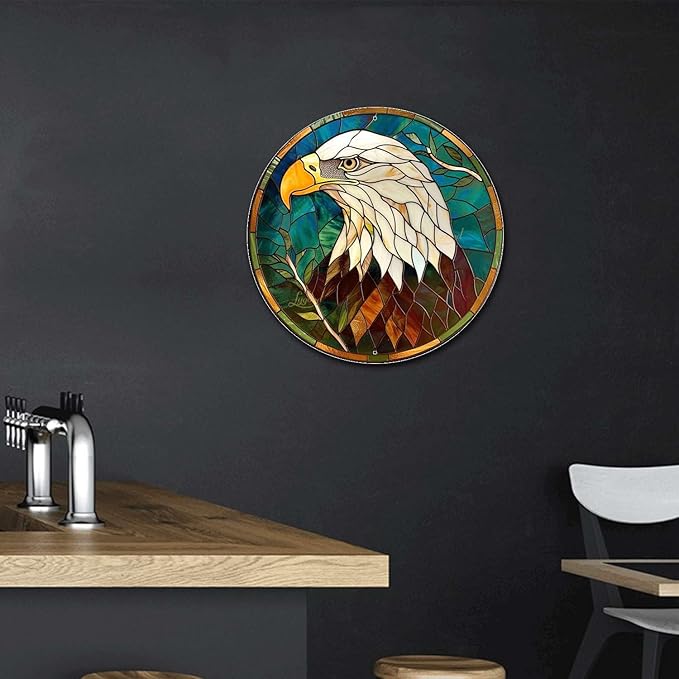Lygond Metal Sign Tin Sign Circular Stained Glass Bald Eagle Kitty Decor for Club 12×12 Inches