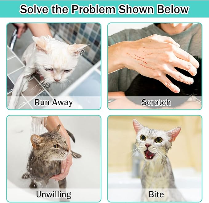 JULMELON Cat Washing Bag 10 PCS Set, Adjustable Cat Shower Net Bag and Pet Grooming Brush with Nail Clipper Nail File Hair Combs Tick Tool Nail Caps for Bathing Nail Trimming Examination(Pink+Green)