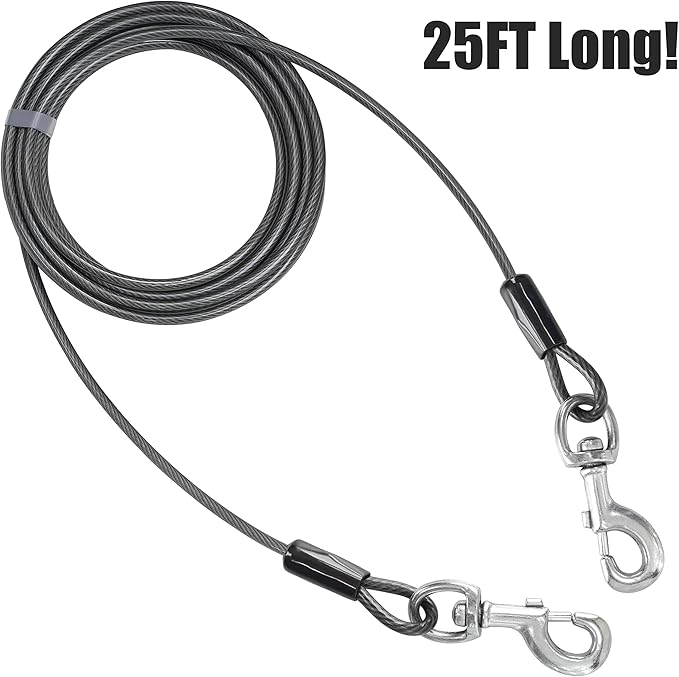 BV Dog Tie Out Cable 25 Feet - Heavy Duty Dog Lead Up to 250 Pounds - Reflective & Rust-Free with Quick Release Swivel Clips & 360° Rotating Clasp - Tangle-Free Dogs Runner for Yard (Grey, Single)