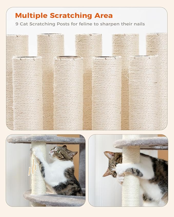 PETEPELA 61" Cat Tree for Indoor Cats, [6-Levels] Cat Climbing Tower with 9 Sisal Scratching Posts and Replaceable Dangling Ball &Top Perch, Grey