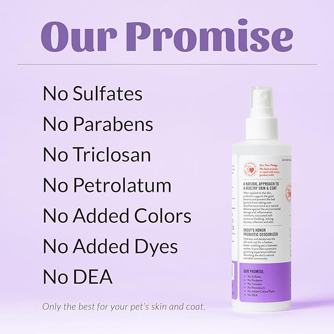 SKOUT'S HONOR Probiotic Pet Deodorizer Spray- Hydrating Daily-Use with Avocado Oil & Omega-3s, Microbiome Friendly Certiified, Paraben & Sulfate-Free, 97% Natural, 8oz, Lavender