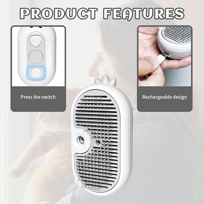 3-in-1 Rechargeable Steam Brush for Cats & Dogs - Anti-Static Spray Pet Grooming Brush with Warm Mist Massage, Hair Shedding Control, Detangling Comb & Cleaning Tool for Effective Deshedding