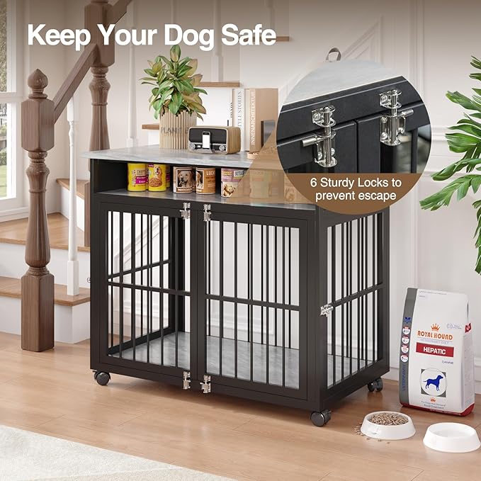 39.4" Dog Crate Furniture for Medium and Large Breed, Dog Kennel Furniture with Storage Shelf & Lockable Wheels, Heavy Duty Wooden End Side Table Pet Cage Indoor, Chew-Resistant, Grey