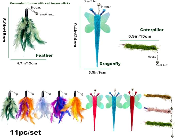 AcceLeah Cat Worm Toy Refills - Assorted Teaser Wand Toys with Bell (11 Pcs)