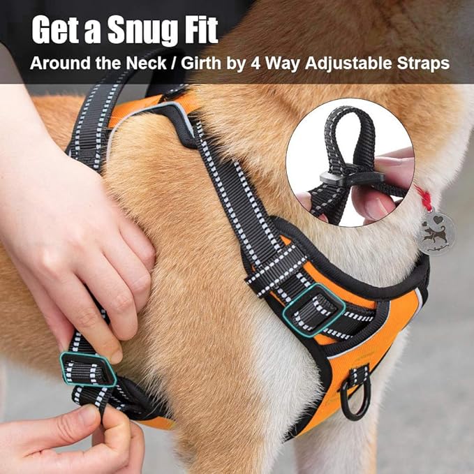 PoyPet No Pull Dog Harness, Reflective Comfortable Vest Harness with Front & Back 2 Leash Attachments and Easy Control Handle Adjustable Soft Padded Pet Vest for Small to Large Dogs (Orange,L)