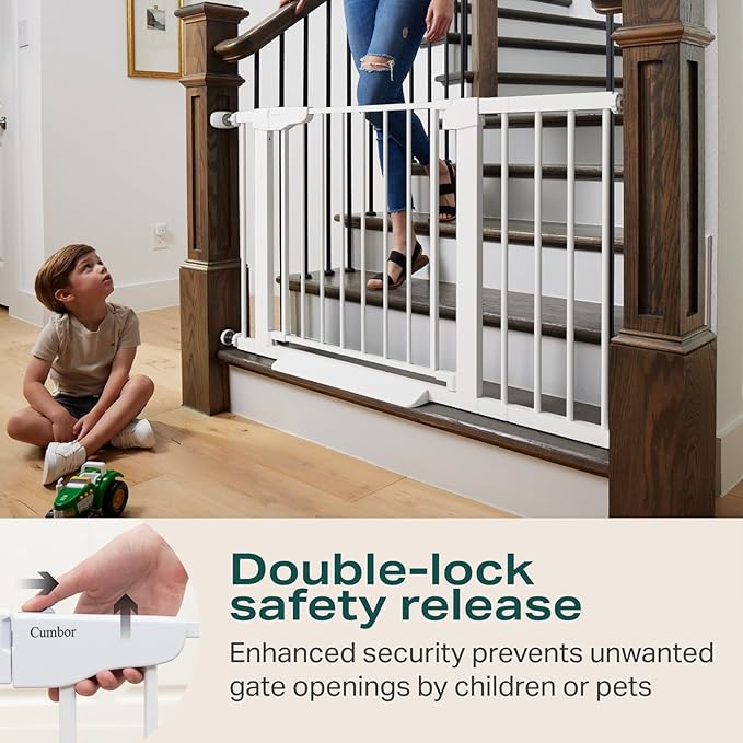 Cumbor 2 Pack 29.7-46" Baby Gate for Stairs, Mom's Choice Awards Winner-Auto Close Dog Gate for doorways, Easy Install Pressure Mounted Pet Gates indoor, Easy Walk Thru Wide Safety Gate for Dog, White