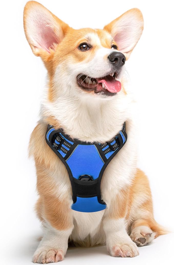 Eagloo Dog Harness Medium Sized Dog, No Pull Service Vest with Reflective Strips and Control Handle, Adjustable and Comfortable for Easy Walking, No Choke Pet Harness with 2 Metal Rings, Blue, M