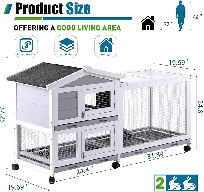 Rabbit Hutch, Indoor Cage Outdoor Two Story Bunny with Asphalt Roof Guinea Pig with Removable No Leaking Tray, Ramp, Pet House for Small Animals