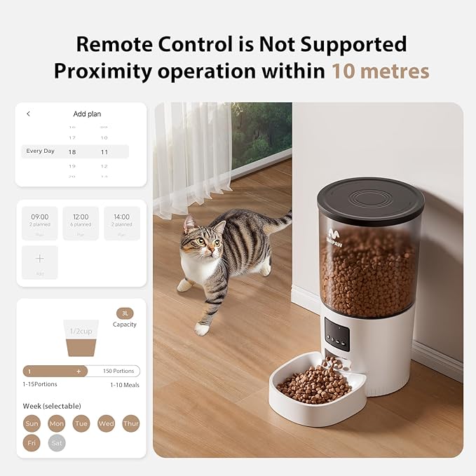 Automatic Cat Feeder, 5L Pet Dry Food Dispenser with Timed Programmable Portion Control, Dual Power, With Desiccant Bag, Easy Set Up, 10 Meals Per Day for Cats and Puppies（Remote Not Supported）
