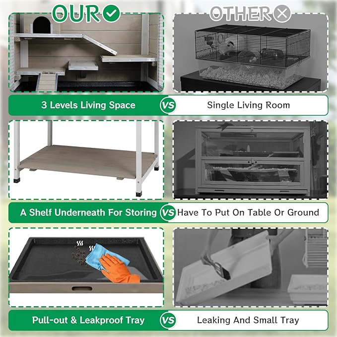 Guinea Pig Cages Wooden Hamster Cage Indoor with Stand and Storage Outdoor Small Animals Habitat with Metal Edges Ramps Hideout House,No Leak and Pull Out Tray, Easy Clean