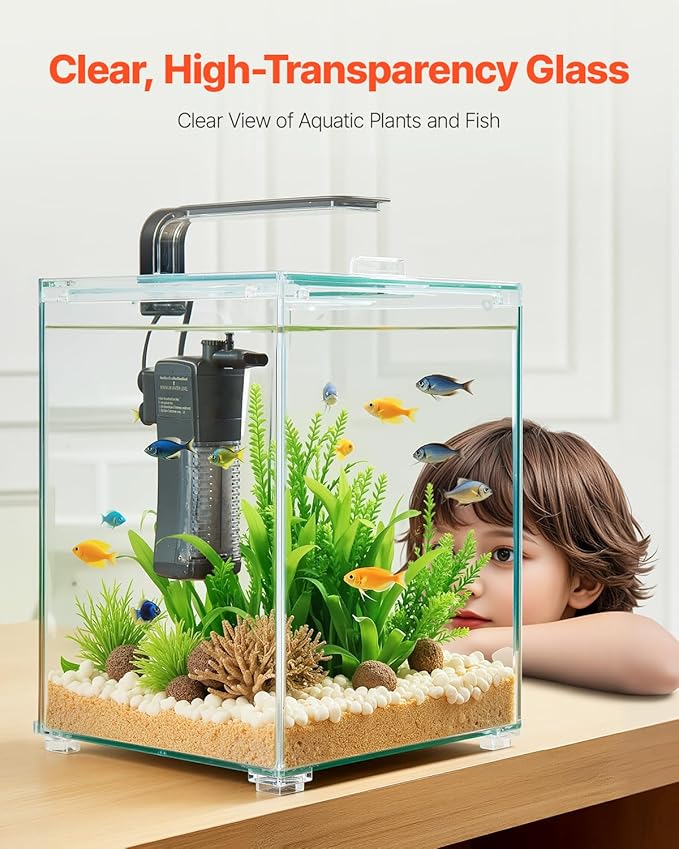 VEVOR Fish Tank Aquarium, 5 Gallon Square Ultra-Clear Glass Starter Smart Tank Adjustable 3 Color Lighting, Self Cleaning System Fishbowl for Freshwater & Saltwater Fish Home, Office, or Pet Use