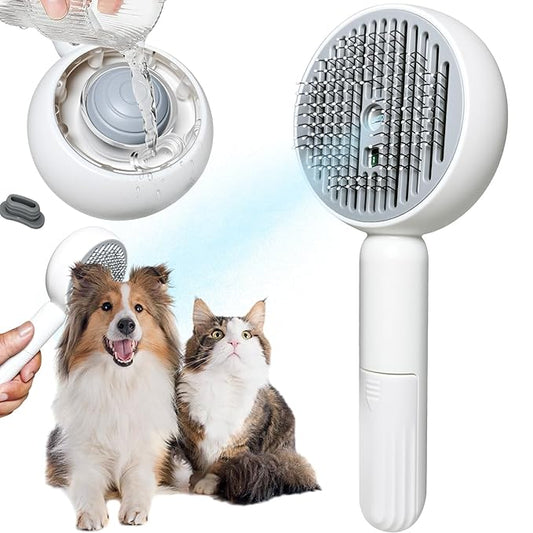 3-in-1 Steam Brush for Cats & Dogs – Hair Removal Comb with One-Click Release & Water Spray – Grooming Brush for Shedding, Long/Short Hair (white brushs-grey)
