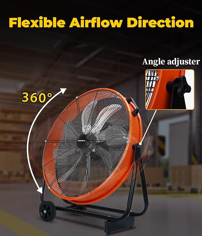 VENTISOL 24 Inch Industrial Floor Drum Fan, 9500 CFM Heavy Duty Floor Fan with 8 Blades, 3-Speed High Velocity Shop Fan, Metal Fans for Warehouse, Patios, Garage