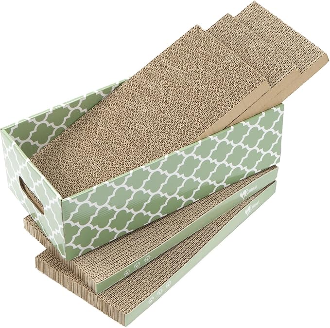 MECOOL Cat Scratching Board，5PC Cat Scratch Pad with Box，Reversible Corrugated Cat Scratcher Cardboard and Lounge Bed for Indoor Cats, Catnip