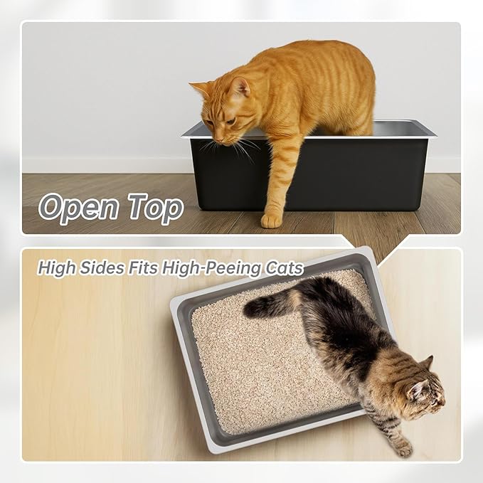 Ohtomber Stainless Steel Litter Box - High Sided Metal Cat Litter Box Pan, Never Absorbs Smell, Easy to Clean Non Stick Cat Litterbox Tray Toilet Pet Supplies for Indoor Kitty, Kitten, Rabbit, Puppy