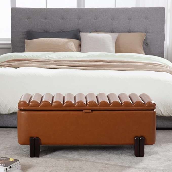 Wavy Ottoman Storage Bench Multi-Functional Narrow Entryway Bench Elegant End of Bed Bench with Storage and Safty Hinge for Living Room Entryway Hallway Bedroom Boutique, Brown