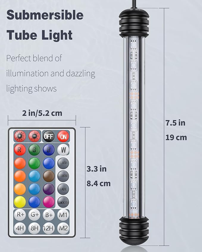 Pawfly 1.8W Aquarium LED Light - 7.5" Underwater Fish Tank Light with Timer & Remote Control (4 Modes, Battery Not Included)