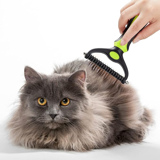Pet Grooming Tool - 2 Sided Undercoat Rake for Cats and Dogs - Safe Dematting Comb for Easy Mats & Tangles Removing - No More Nasty Shedding and Flying Hair