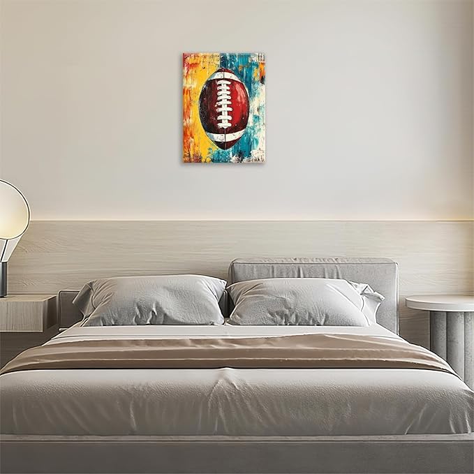 Graffiti Football Bathroom Pictures Wall Art, Rugby Sport Bathroom Wall Decor, Colorful Football Framed Painting Canvas Artwork for Bedroom Living Room Decorations 20"L x 16"W