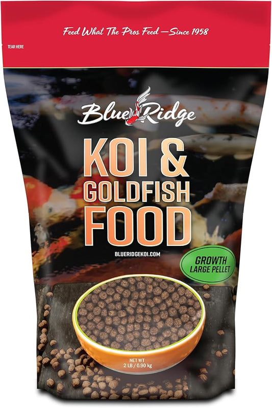 Blue Ridge Koi Fish Food 2lb - Koi Food Large 3/16" Growth Formula, Goldfish Food, Premium Fish Food for Ponds, Ponds Fish Food, Floating Pond Pellets