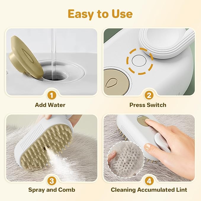 LunaSync Dog Cat Steam Brush for Shedding, 4 in 1 Rechargeable Pet Grooming Brush for Cats and Dogs, Anti-Static Deshedding Tool with Massage & Cleaning, Comb for Long Short Hair - White