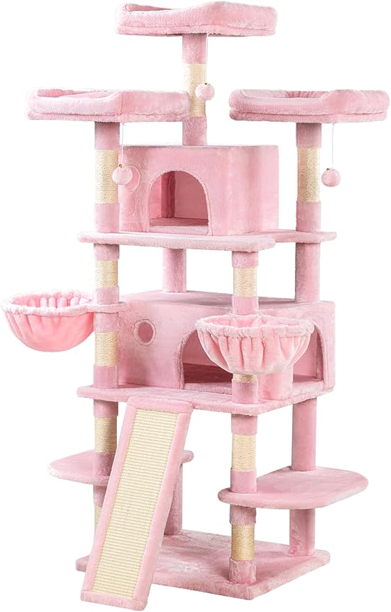 Allewie 68 Inches Cat Tree/House and Towers for Big Feline/Scratching Post/Multi-Level Large Kitty Climbing Tree with Condo/Pink