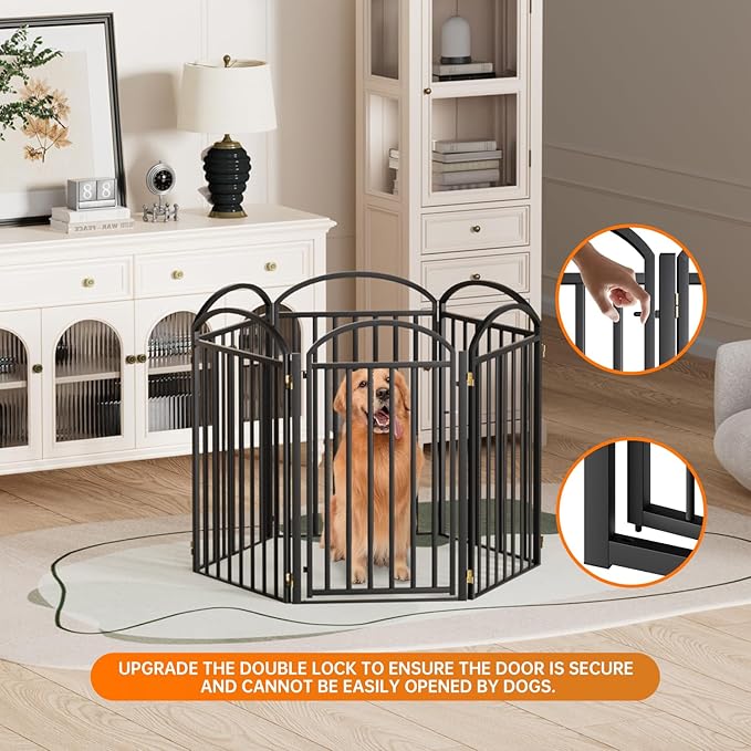 6 Panles Full Matel Freestanding Dog Gates with Door, 144"Extra Wide 36"Tall Free Standing Dog Pet Gate for Indoor & Outdoor. Foldable Pet Fences for Doorways, House, Stairs, Porch, Deck, Yard