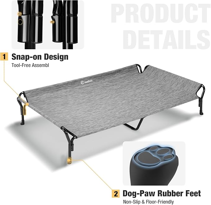 Veehoo Cooling Elevated Dog Bed, XL Raised Pet Cot with Guardrail & Slope Headrest, Durable Breathable Teslin Mesh, Non-Slip Feet, Washable Dog Couch Bed for Indoor & Outdoor, X Large, Black Silver