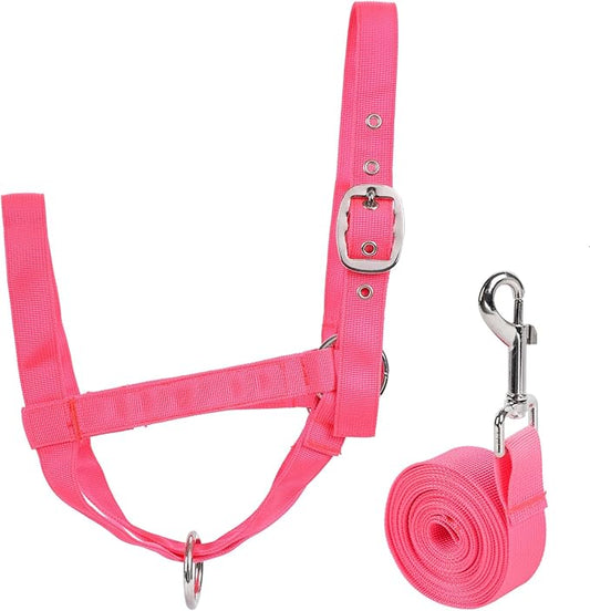 XUANNIAO Easily Adjustable Figure 8 Cow Halter, Double-Ply Premium Livestock Cattle Halters, Colorful Cow Utility Calf Halter with Leading Rope for Miniature Horse Donkey Goat Foal (Medium, Pink)