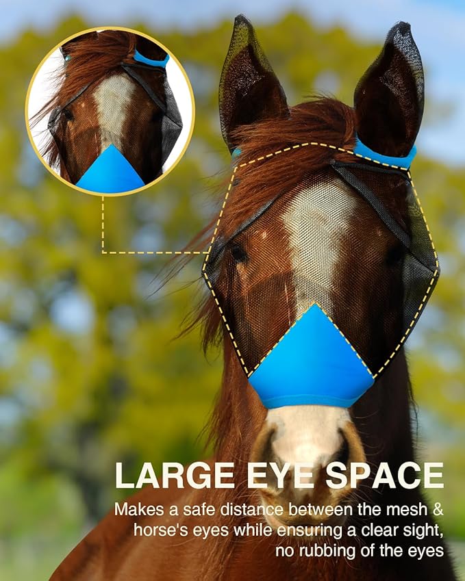 Hilltown Adjustable Fly Mask for Horse with Ears - UV-Block, Large Eye Space, Breathable, Built to Last, Comfort Fit - Horse Fly Mask for Daily Stable, Hot Weather Riding & Competition - Full, Blue