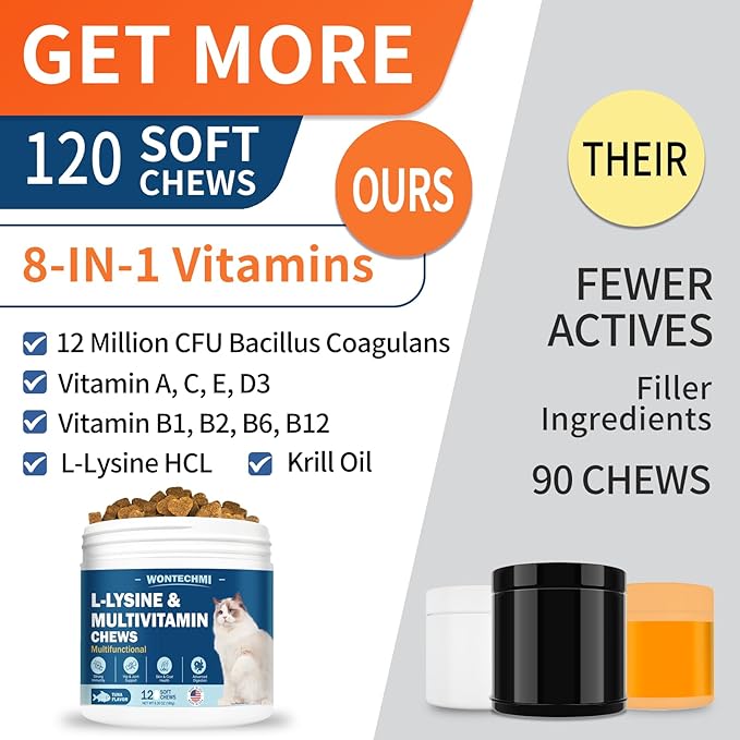 L-Lysine Supplement for Cats, Cat Vitamins for Sneezing, Runny Nose, Cold, Immune Support, Eye Function and Respiratory Health, Natural Lysine Cat Treats (120 Chews, Tuna)