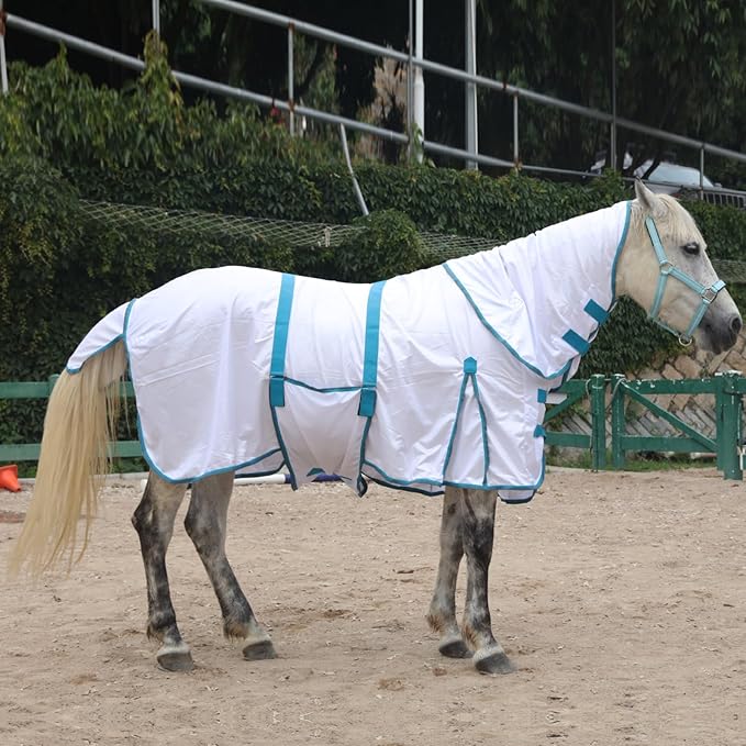 Horse Fly Sheet with Detachable Neck Cover & Belly Wrap, Adjustable Fly Sheet for Horses, Ventilated Airflow Mesh Equine Cooling Summer Flysheet White 75