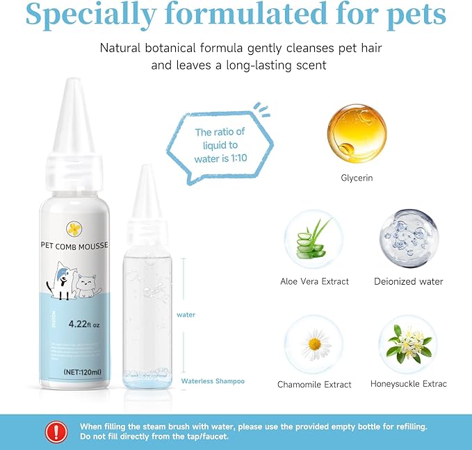 Pet Steam Brush for Dogs & Cats with Paw Cleaner & Shampoo – 3-in-1 Grooming Spray Comb, Mist Massage & Defur Function, Water Spritz Deshedding Tool for Long/Short Hair, Indoor Pets