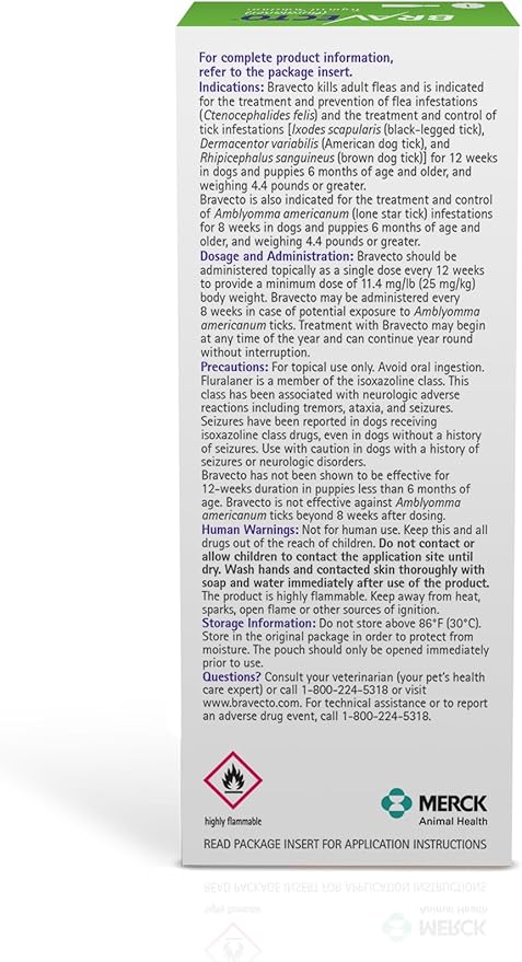 BRAVECTO Topical Solution for Dogs, Flea & Tick, 12 Week Supply, >22-44 lbs., Green Box