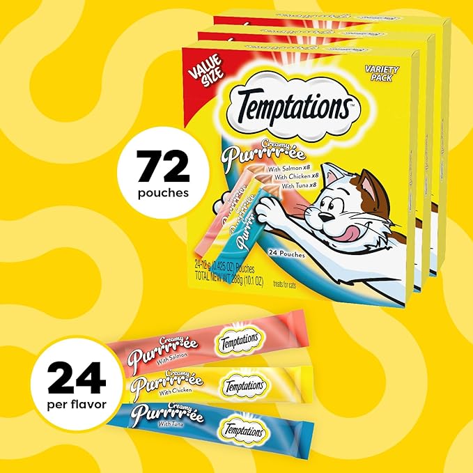 Temptations Creamy Puree Squeezable Lickable Wet Cat Treat with Chicken, Salmon, and Tuna Variety Pack, 0.42 oz. Tubes, 24 Count, Pack of 3 (72 Total)