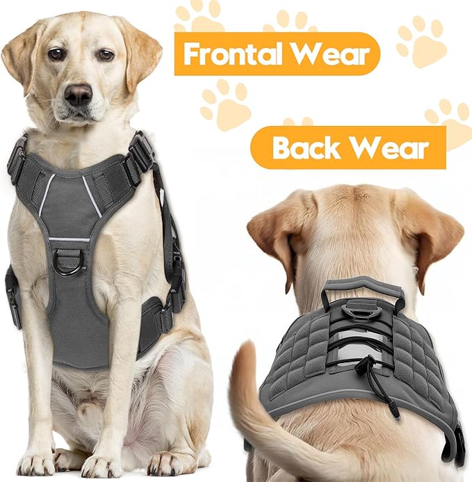 Heavy-Duty Tactical Dog Harness for Large Dogs, No Pull Adjustable Reflective Pet Vest with Molle System, K9 Military-Grade Control for Service Training, Outdoor & 10+ Breeds, Gray, XX-Large