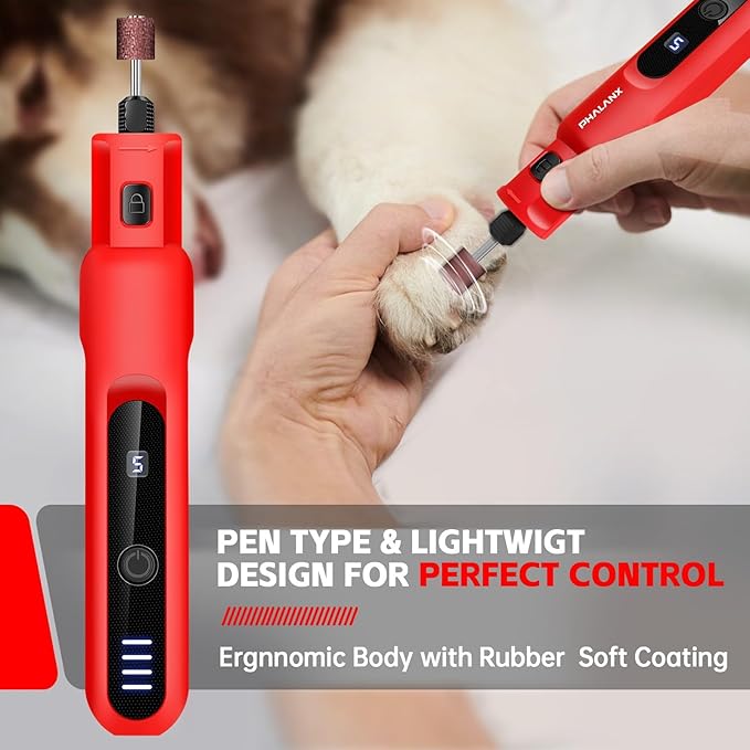 Dog Nail Grinder - Upgraded Pet Nail Grinder, Electric 5 Speeds LED Lights Ring Rechargeable Dog Nail Trimmers Kit, 40 Accessories Cordless Pet Nail Grinder for Dogs Cats and Small/Medium Animals Red