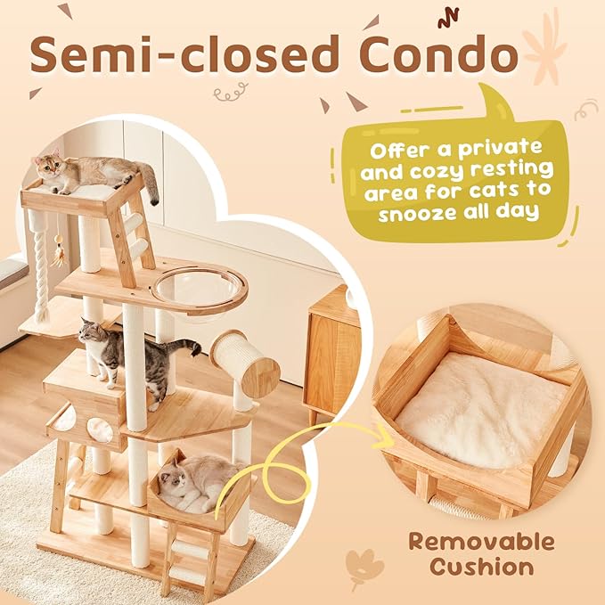 Wood Cat Tree for Indoor Cats, Modern Cat Tower, Unique Cat Condo with House, Tall Luxury Furniture with Heavy Duty Wide Base, Kraft Paper Rope Scratching Post, Removable Cushion (74.8-inch)