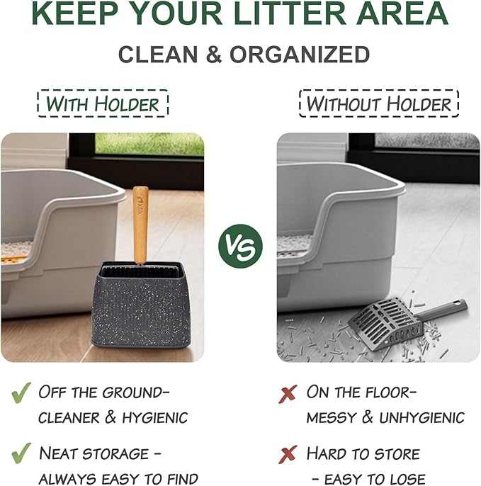 XBX Cat Litter Scoop with Holder, Heavy Duty Litter Sifter, Stainless Steel Litter Shovel, Litter Scooper with Beech Wood Grip and Washable Stand, Perfect for Cat Litter Box Cleaning