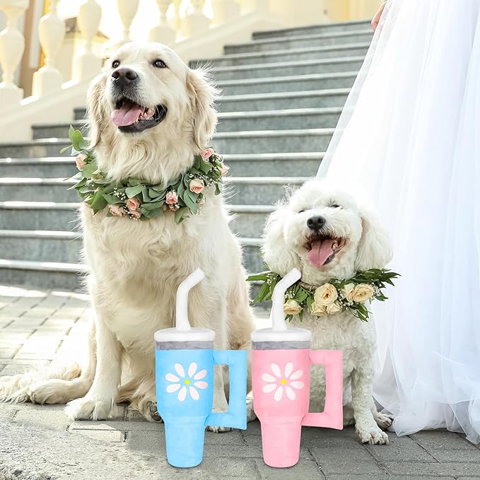 Squeaky Dog Toy - Crinkle Pup Cup Tumbler Plush Dog Toy with Cute Daisy Design for Small Medium Breeds, Funny Interactive Puppy Birthday Gift (Blue)